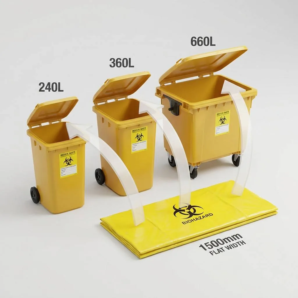 1500mm Flat Width Biohazard Bag 4 Mil Yellow Biohazard Liner for 240L 360L 660L Bin 65 95 Gallon Extra Heavy Duty 100mic