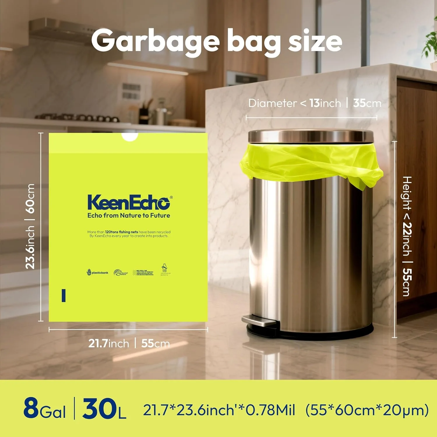 30L Plastic Drawstring Bin Liners Made From Ocean Fishing Nets Sea Salt Scented Recyclable Trash Bags 120 Pack