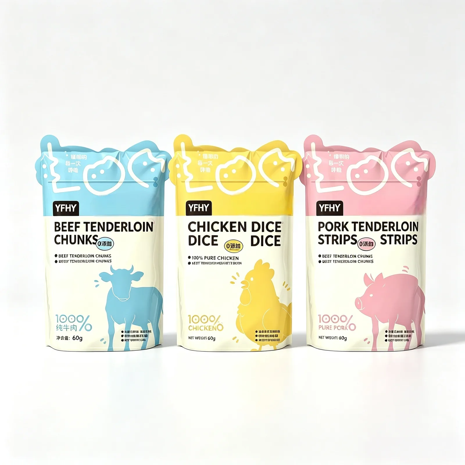 60g Moisture Proof Irregular Shape Stand up Pouch for Freeze Dried Beef Chicken Pork Cat Treats Custom Pet Food Packaging