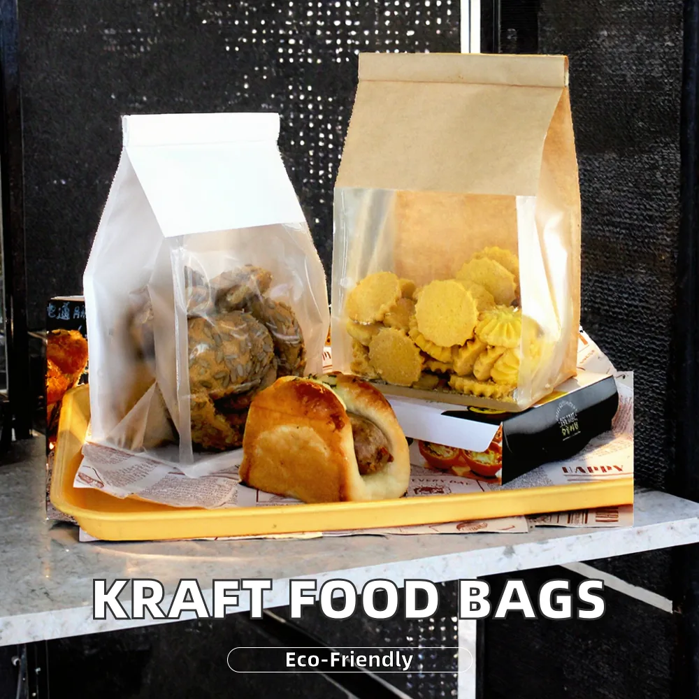Brown Kraft Paper Bread Bakery Sandwich Bags Clear Window Stand Packaging Bag Food Grade