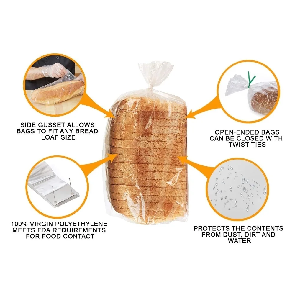 Clear LDPE Recyclable Side Gusset Heat Seal Bread Packaging Bags with Gravure Printing