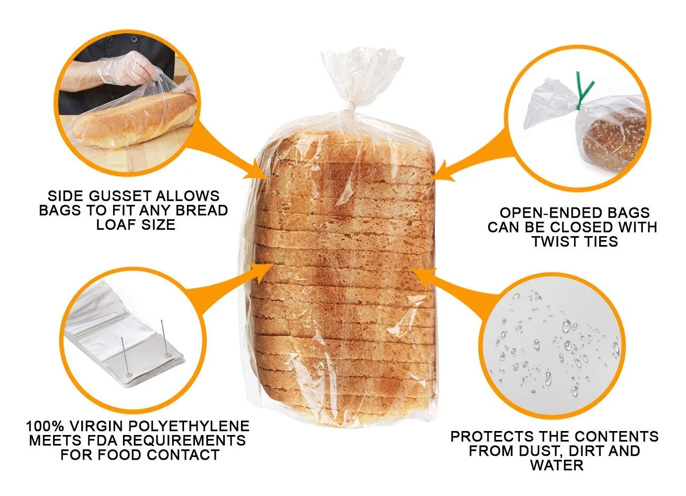 Clear LDPE Recyclable Side Gusset Heat Seal Bread Packaging Bags with Gravure Printing