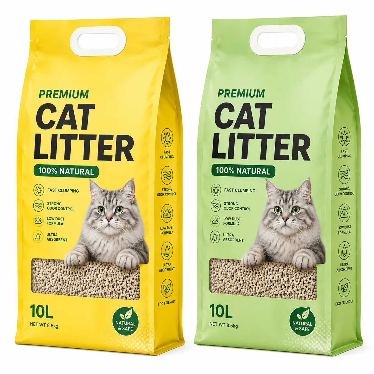 Custom 5KG 10KG Eight Side Seal Tofu Cat Litter Packaging Bag Flat Bottom Pet Litter Bag With Plastic Handle