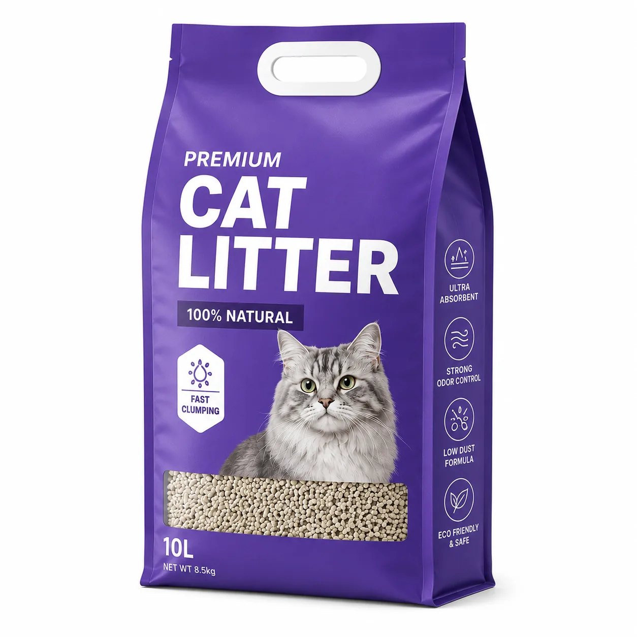 Custom 5KG 10KG Eight Side Seal Tofu Cat Litter Packaging Bag Flat Bottom Pet Litter Bag With Plastic Handle