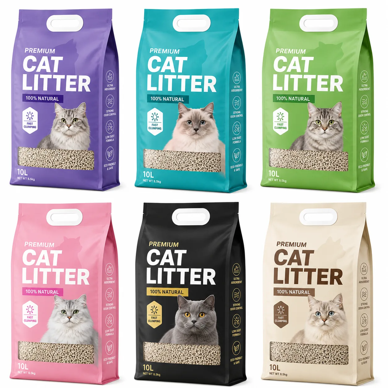 Custom 5KG 10KG Eight Side Seal Tofu Cat Litter Packaging Bag Flat Bottom Pet Litter Bag With Plastic Handle