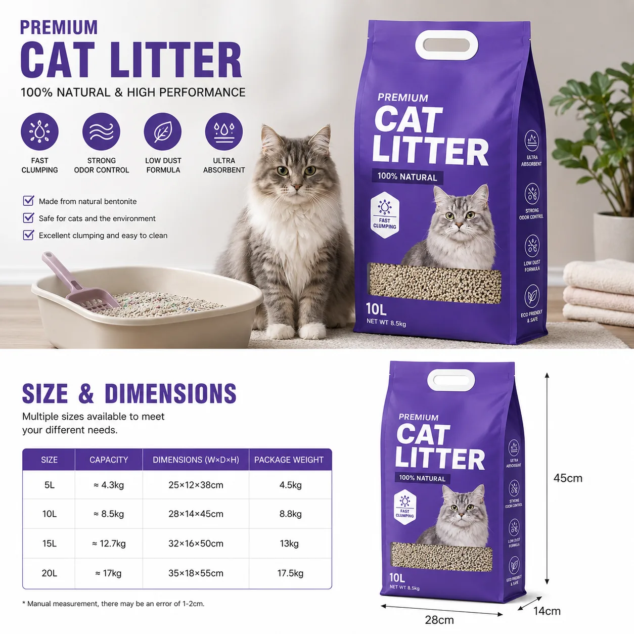 Custom 5KG 10KG Eight Side Seal Tofu Cat Litter Packaging Bag Flat Bottom Pet Litter Bag With Plastic Handle