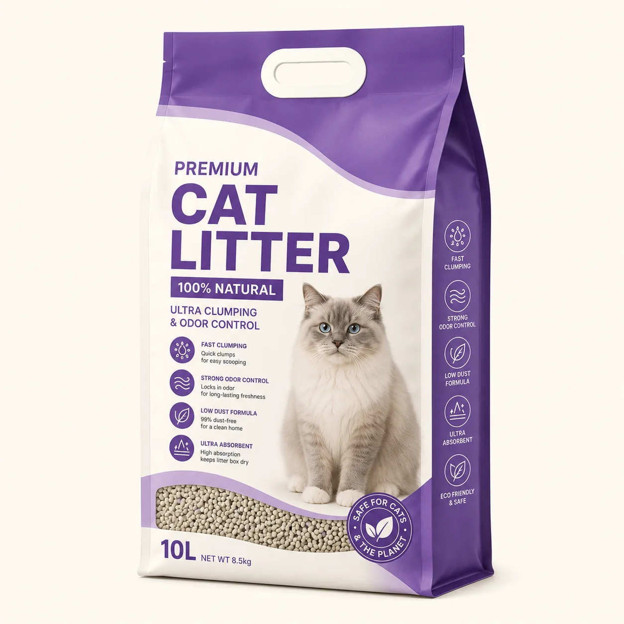 Custom 5KG 10KG Eight Side Seal Tofu Cat Litter Packaging Bag Flat Bottom Pet Litter Bag With Plastic Handle
