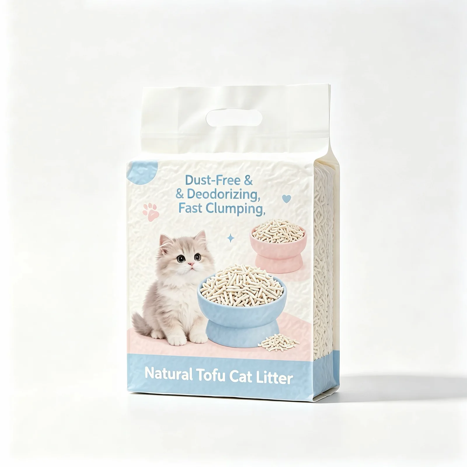 Custom 5KG 10KG Eight Side Seal Tofu Cat Litter Packaging Bag Flat Bottom Pet Litter Bag With Plastic Handle