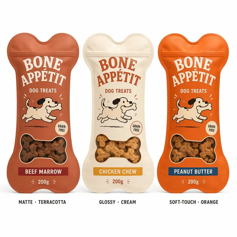 Custom Bone Shape Dog Treat Plastic Bag Bone Window Resealable Zip Stand up Pouch Die Cut Pet Food Packaging Bag for Happy Dog