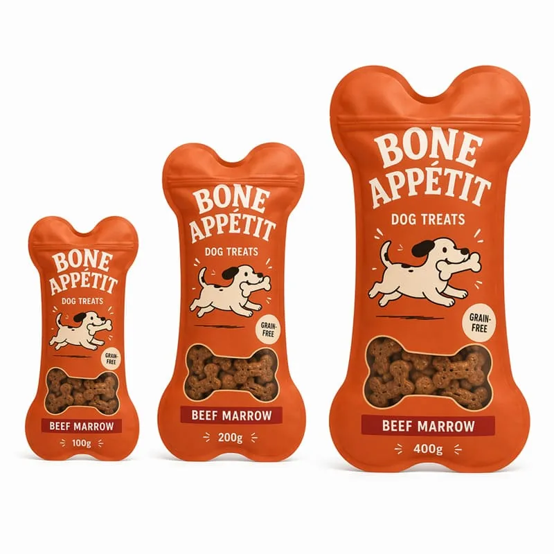 Custom Bone Shape Dog Treat Plastic Bag Bone Window Resealable Zip Stand up Pouch Die Cut Pet Food Packaging Bag for Happy Dog