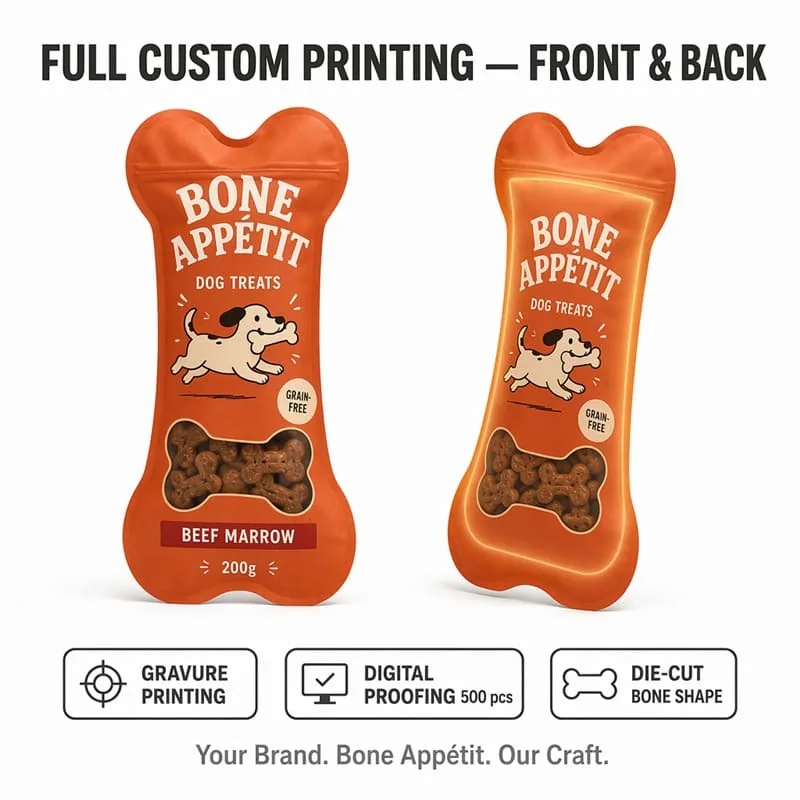 Custom Bone Shape Dog Treat Plastic Bag Bone Window Resealable Zip Stand up Pouch Die Cut Pet Food Packaging Bag for Happy Dog