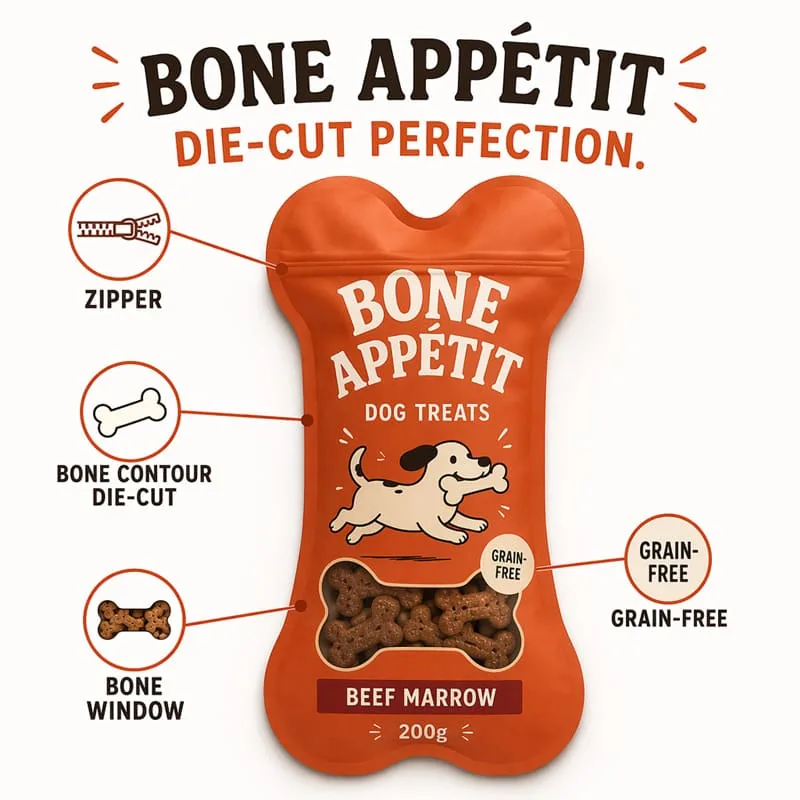 Custom Bone Shape Dog Treat Plastic Bag Bone Window Resealable Zip Stand up Pouch Die Cut Pet Food Packaging Bag for Happy Dog