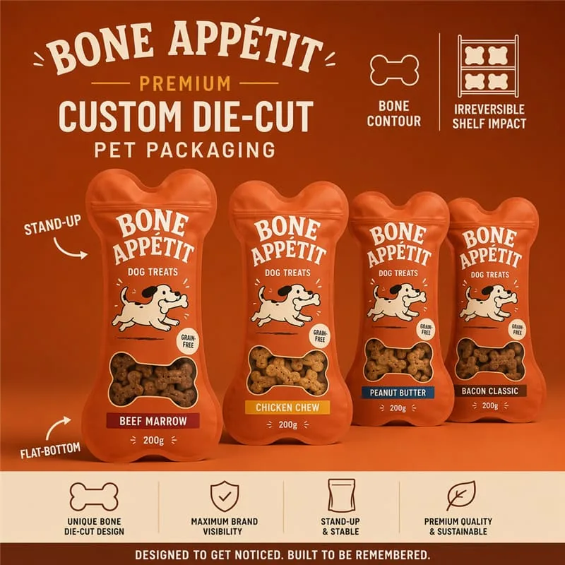 Custom Bone Shape Dog Treat Plastic Bag Bone Window Resealable Zip Stand up Pouch Die Cut Pet Food Packaging Bag for Happy Dog