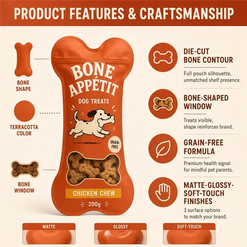 Custom Bone Shape Dog Treat Plastic Bag Bone Window Resealable Zip Stand up Pouch Die Cut Pet Food Packaging Bag for Happy Dog