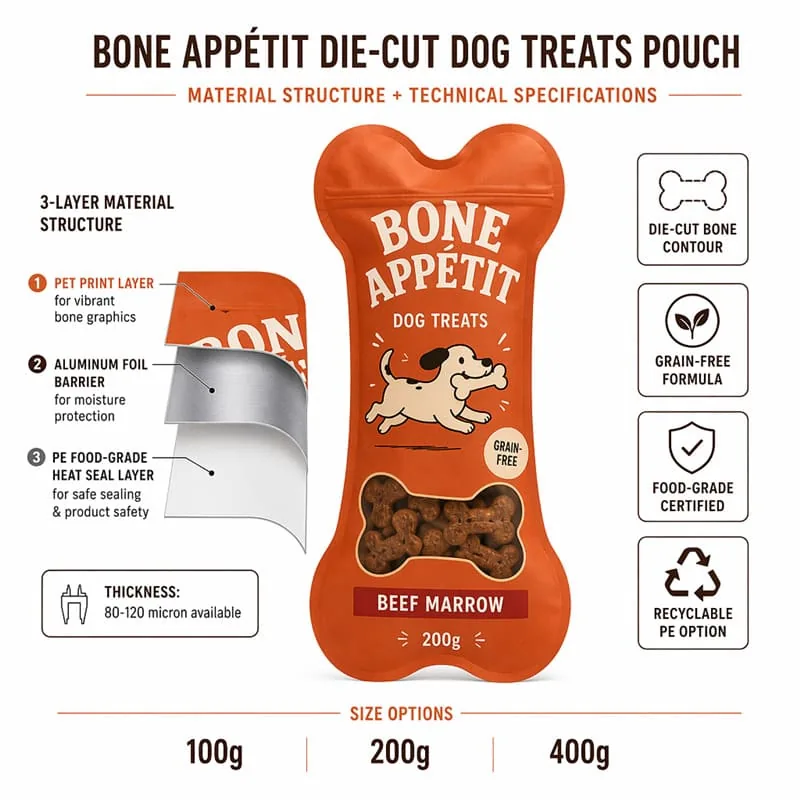 Custom Bone Shape Dog Treat Plastic Bag Bone Window Resealable Zip Stand up Pouch Die Cut Pet Food Packaging Bag for Happy Dog