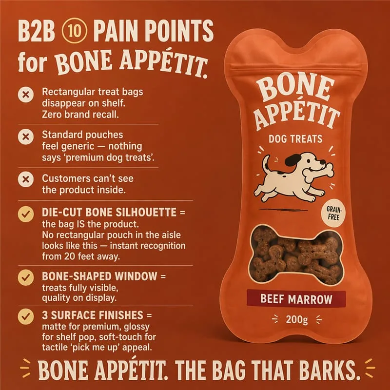 Custom Bone Shape Dog Treat Plastic Bag Bone Window Resealable Zip Stand up Pouch Die Cut Pet Food Packaging Bag for Happy Dog