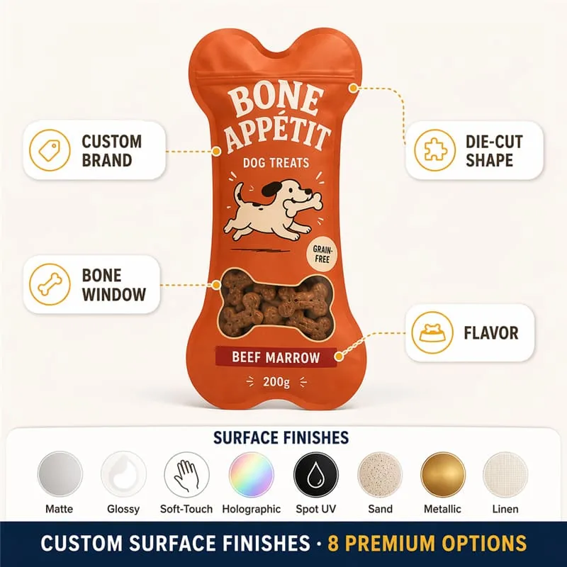 Custom Bone Shape Dog Treat Plastic Bag Bone Window Resealable Zip Stand up Pouch Die Cut Pet Food Packaging Bag for Happy Dog