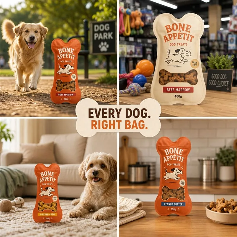 Custom Bone Shape Dog Treat Plastic Bag Bone Window Resealable Zip Stand up Pouch Die Cut Pet Food Packaging Bag for Happy Dog