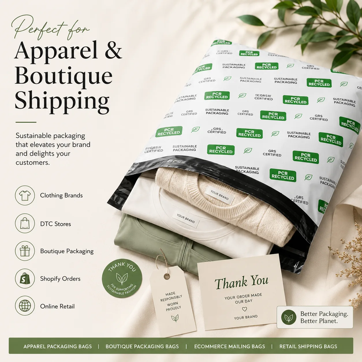 Custom Branded PCR Recycled Poly Mailers Waterproof Clothing Shipping Bags for DTC Fashion Ecommerce Packaging