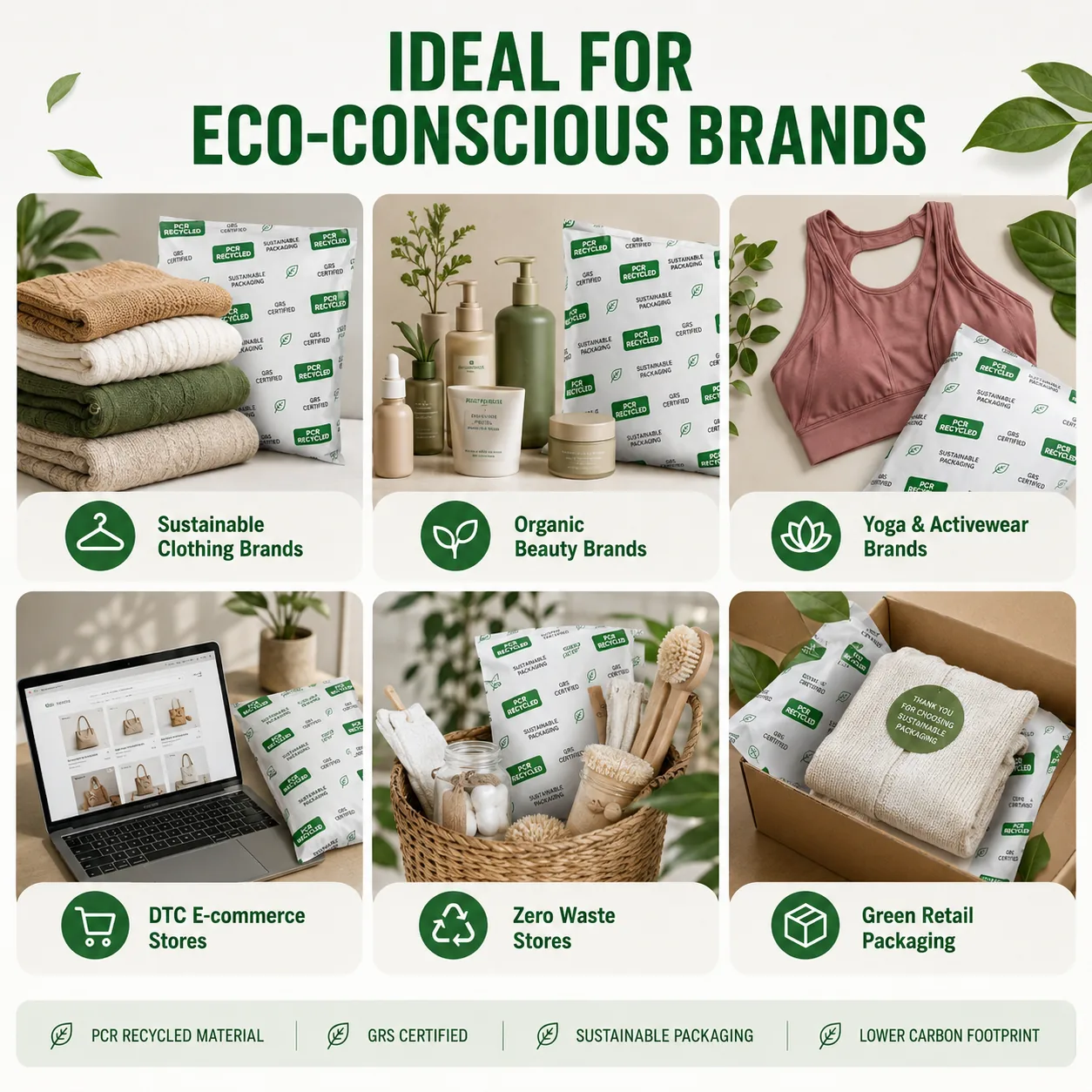 Custom Branded PCR Recycled Poly Mailers Waterproof Clothing Shipping Bags for DTC Fashion Ecommerce Packaging