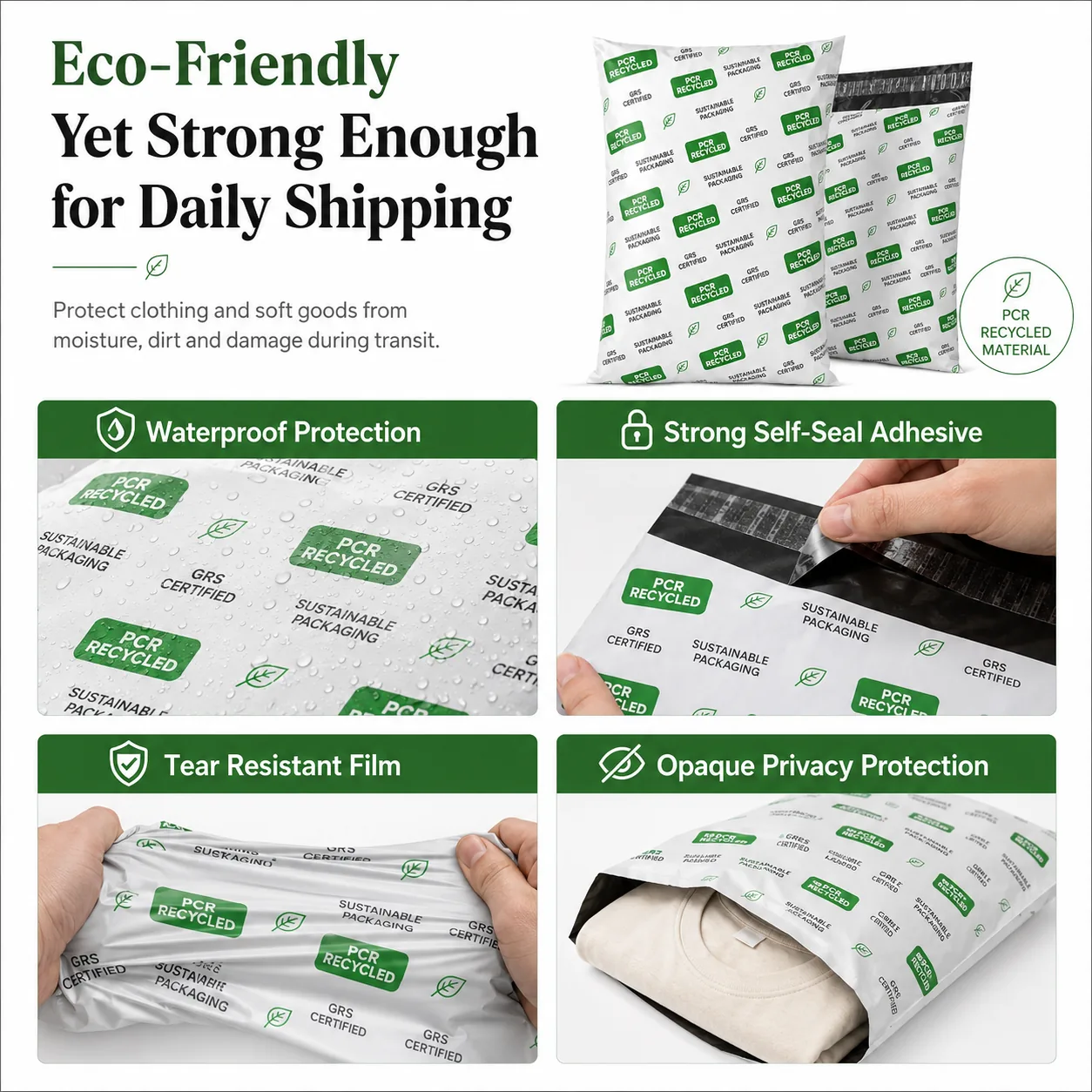 Custom Branded PCR Recycled Poly Mailers Waterproof Clothing Shipping Bags for DTC Fashion Ecommerce Packaging