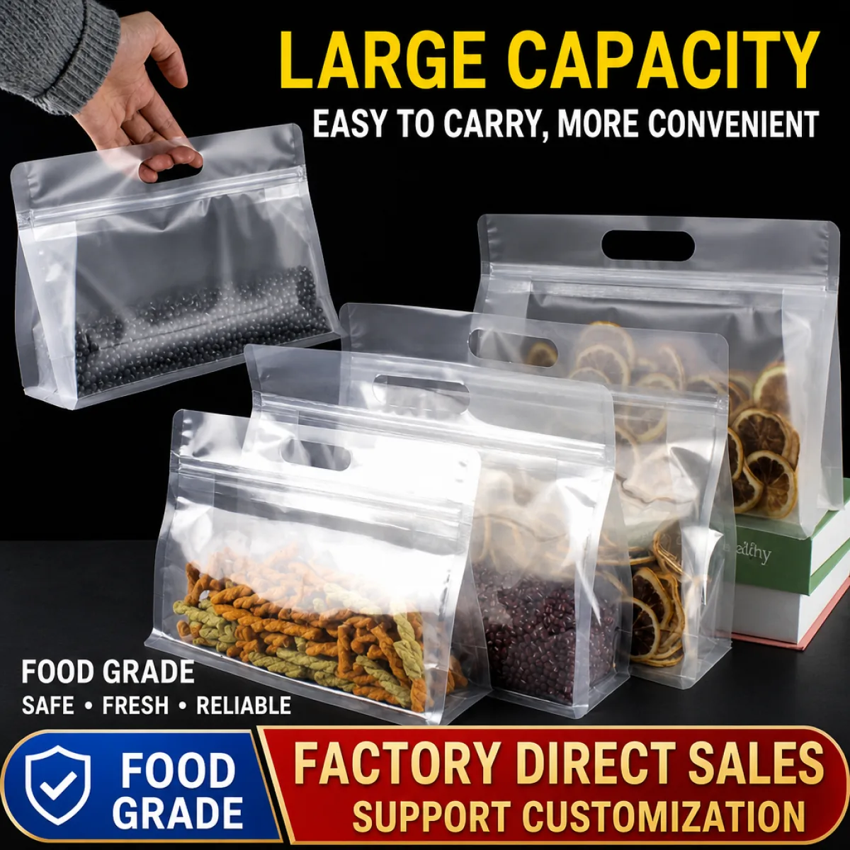 Custom Clear Square Bottom Stand up Bags with Handle Zipper PE Waterproof Food Packaging for Nut Candy Tea