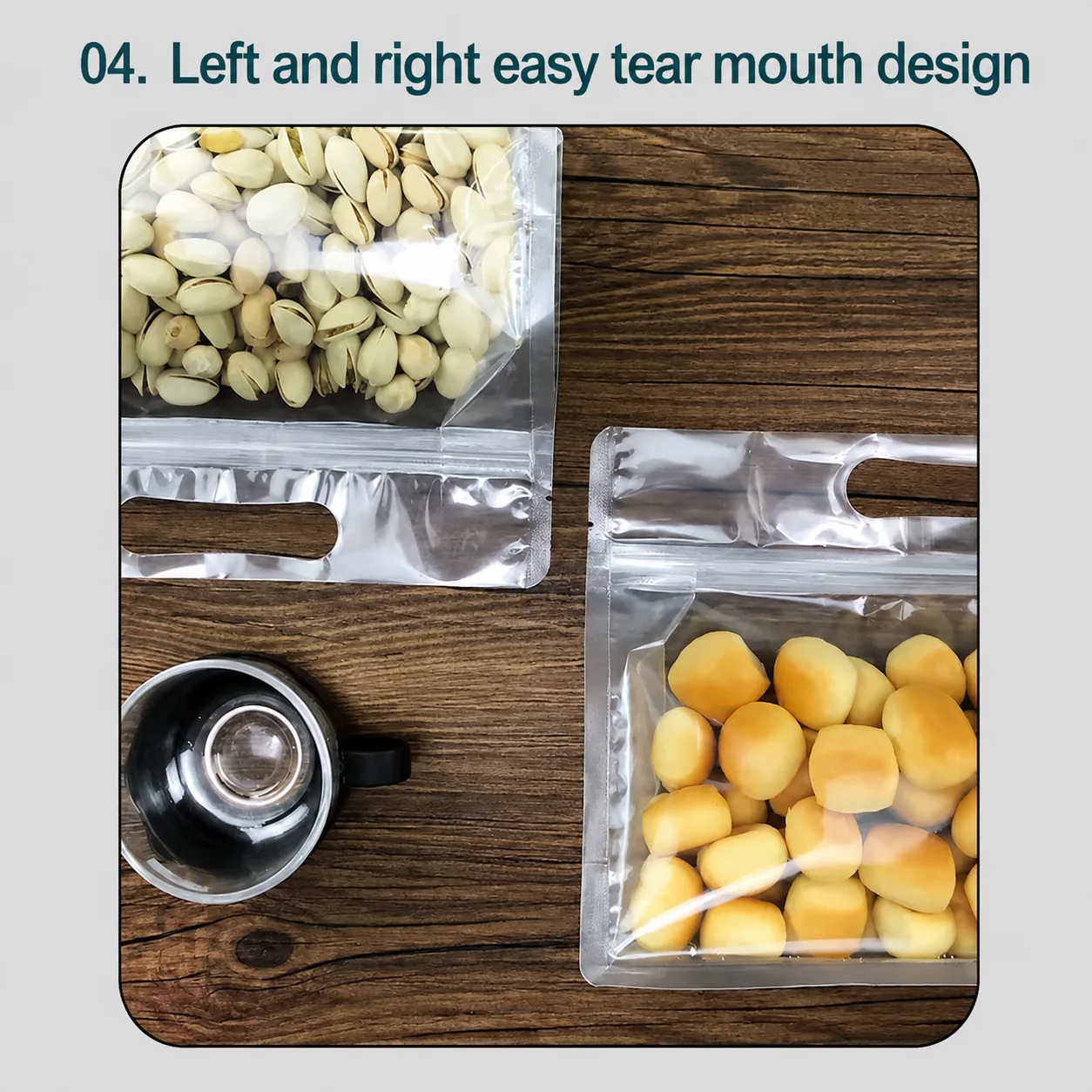 Custom Clear Square Bottom Stand up Bags with Handle Zipper PE Waterproof Food Packaging for Nut Candy Tea