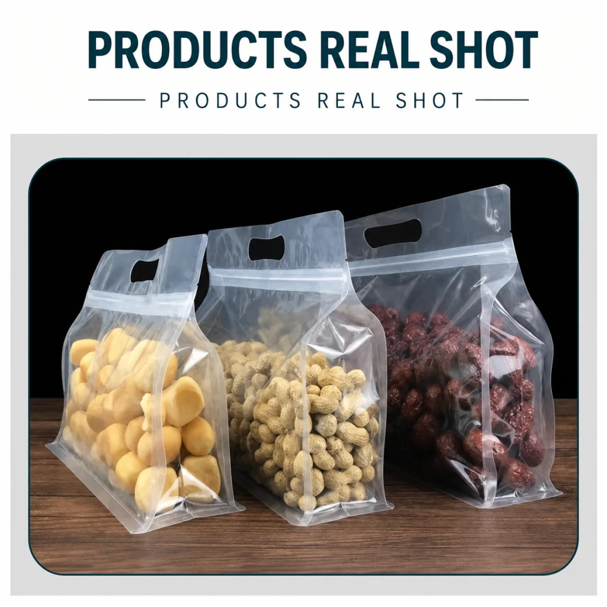 Custom Clear Square Bottom Stand up Bags with Handle Zipper PE Waterproof Food Packaging for Nut Candy Tea