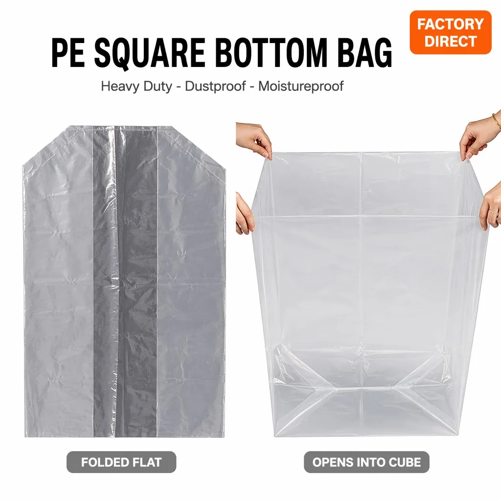 Custom Heavy Duty PE Square Bottom Carton Liner Bag Clear Plastic Gusseted Dustproof Moistureproof for Industrial