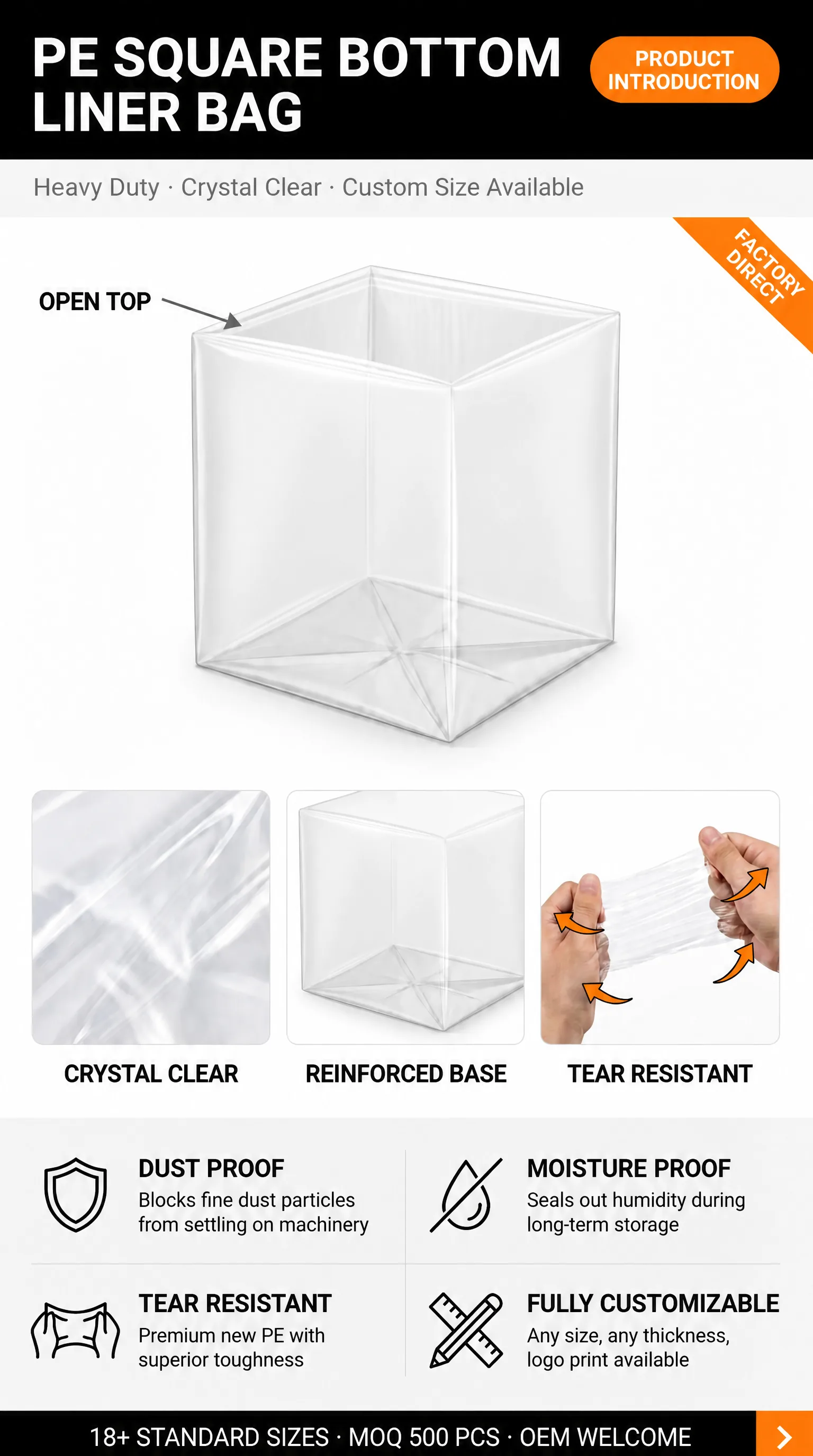 Custom Heavy Duty PE Square Bottom Carton Liner Bag Clear Plastic Gusseted Dustproof Moistureproof for Industrial