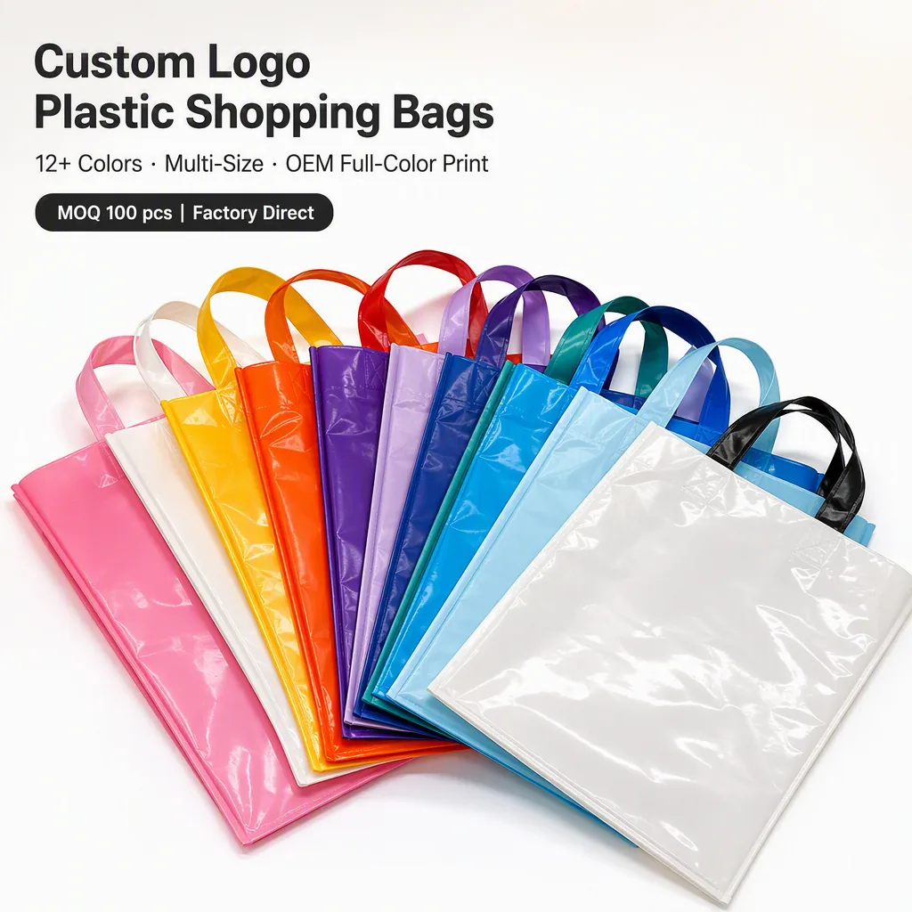 Custom Logo Plastic Shopping Bags Soft Loop Handle 12 Colors 5 Sizes Print Retail Boutique MOQ 100
