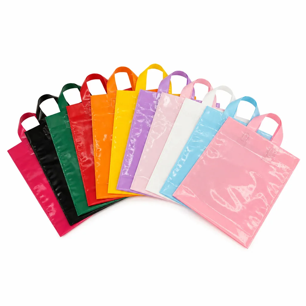 Custom Logo Plastic Shopping Bags Soft Loop Handle 12 Colors 5 Sizes Print Retail Boutique MOQ 100