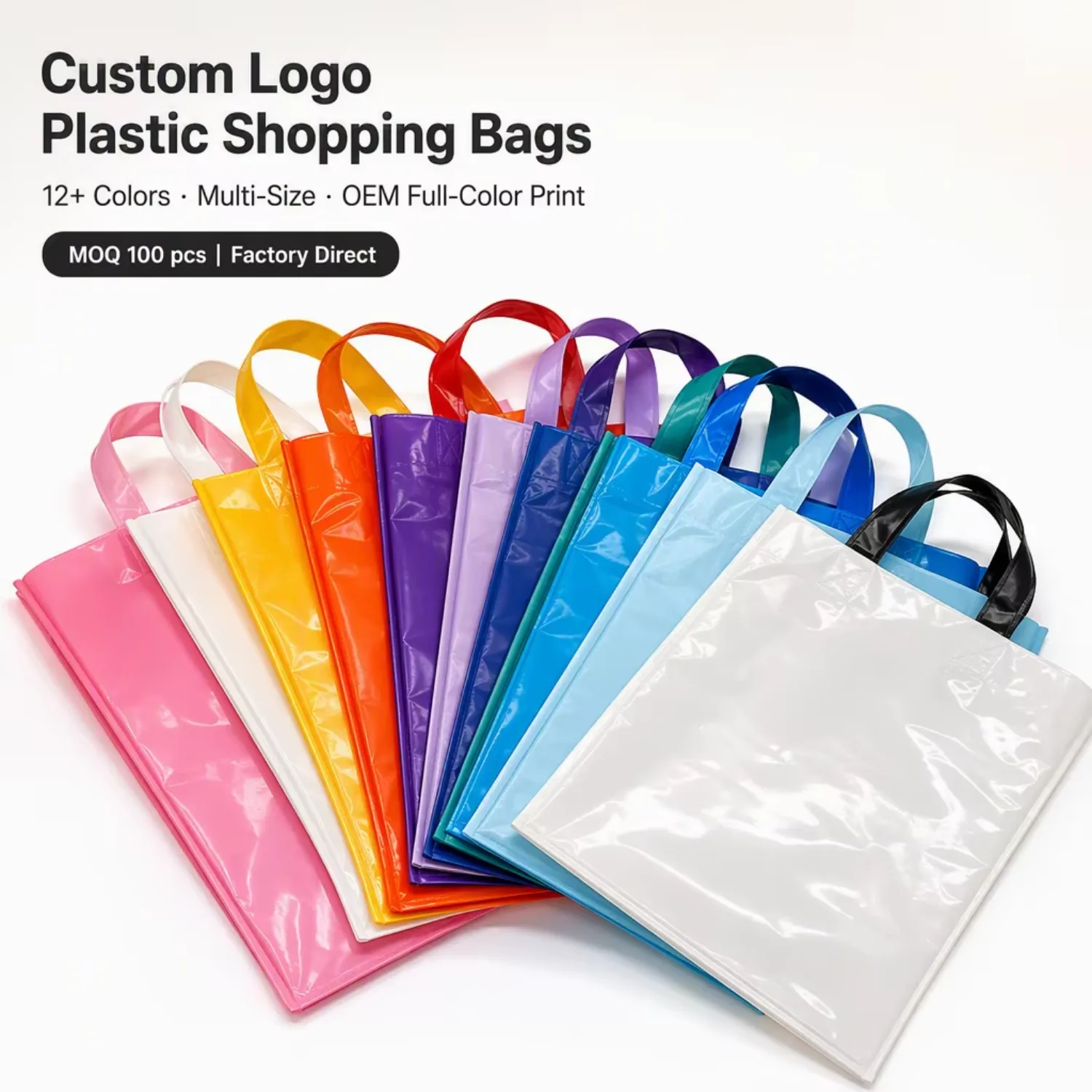 Custom Logo Plastic Shopping Bags Soft Loop Handle 12 Colors 5 Sizes Print Retail Boutique MOQ 100
