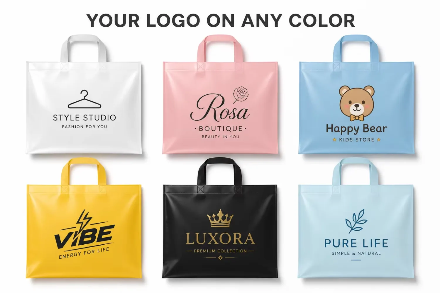Custom Logo Plastic Shopping Bags Soft Loop Handle 12 Colors 5 Sizes Print Retail Boutique MOQ 100