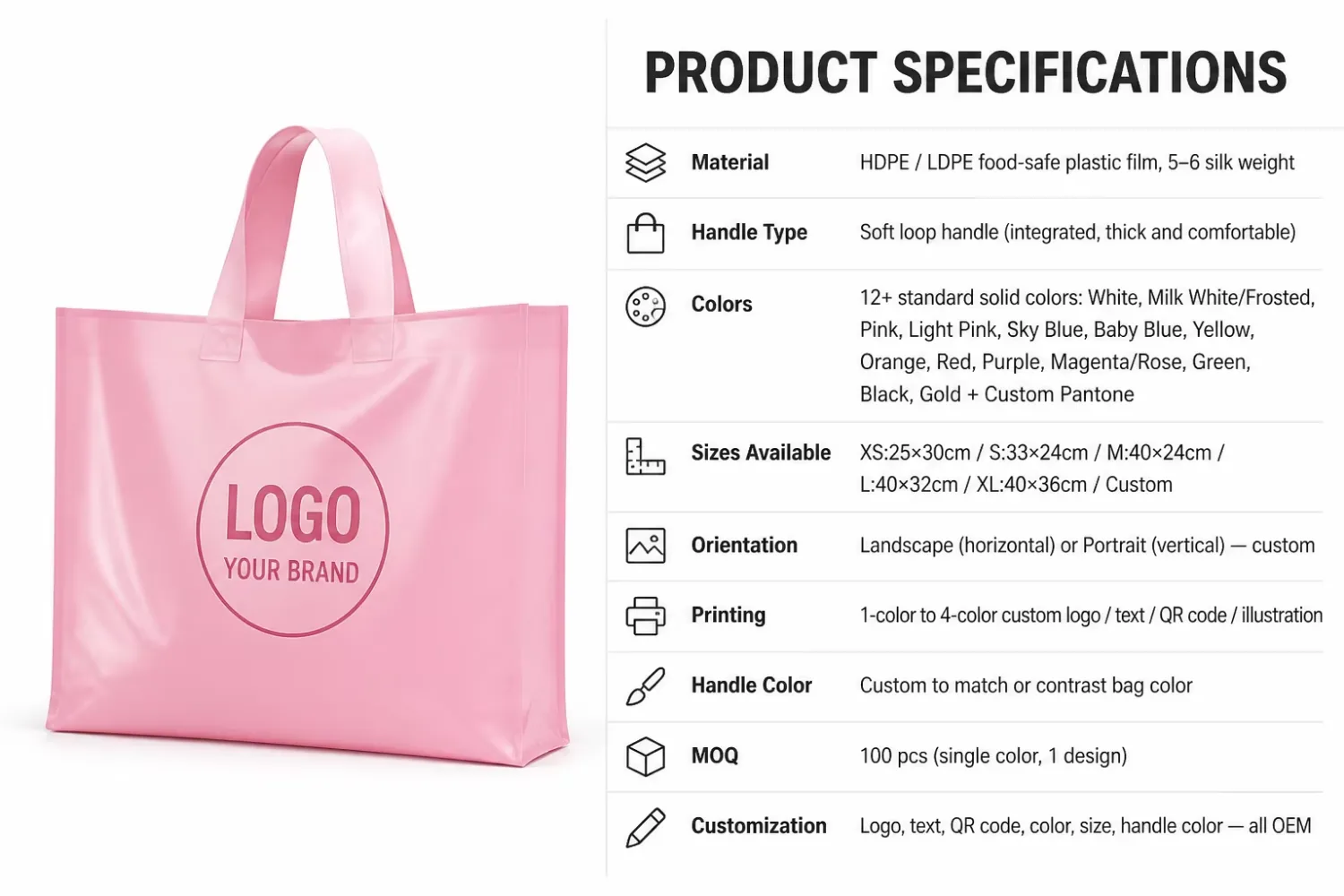 Custom Logo Plastic Shopping Bags Soft Loop Handle 12 Colors 5 Sizes Print Retail Boutique MOQ 100