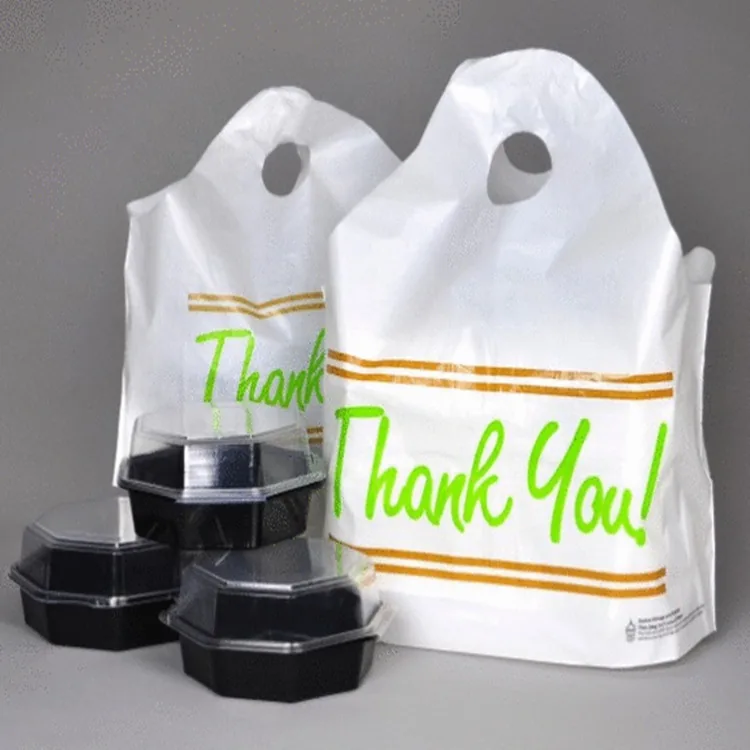 Custom logo Printing Reusable Plastic Wave Top Tote Die Cut Handle Bag Takeout Food Delivery Carry Bags for Restaurant