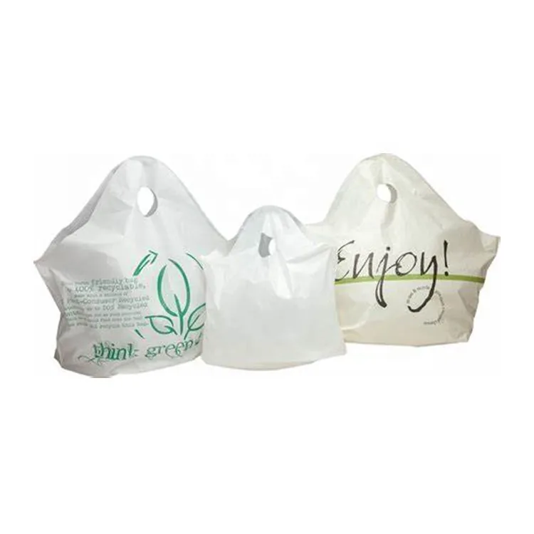 Custom logo Printing Reusable Plastic Wave Top Tote Die Cut Handle Bag Takeout Food Delivery Carry Bags for Restaurant
