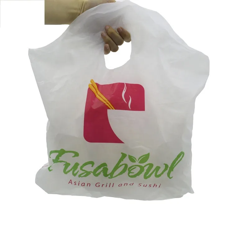 Custom logo Printing Reusable Plastic Wave Top Tote Die Cut Handle Bag Takeout Food Delivery Carry Bags for Restaurant