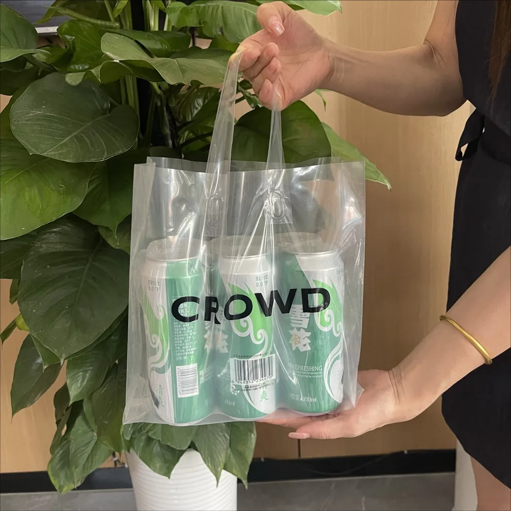 Custom Logo Reusable LDPE HDPE PE Clear Square Bottom Soft Loop Tote Bags Heavy Duty Restaurant Takeaway Food Packaging Custom