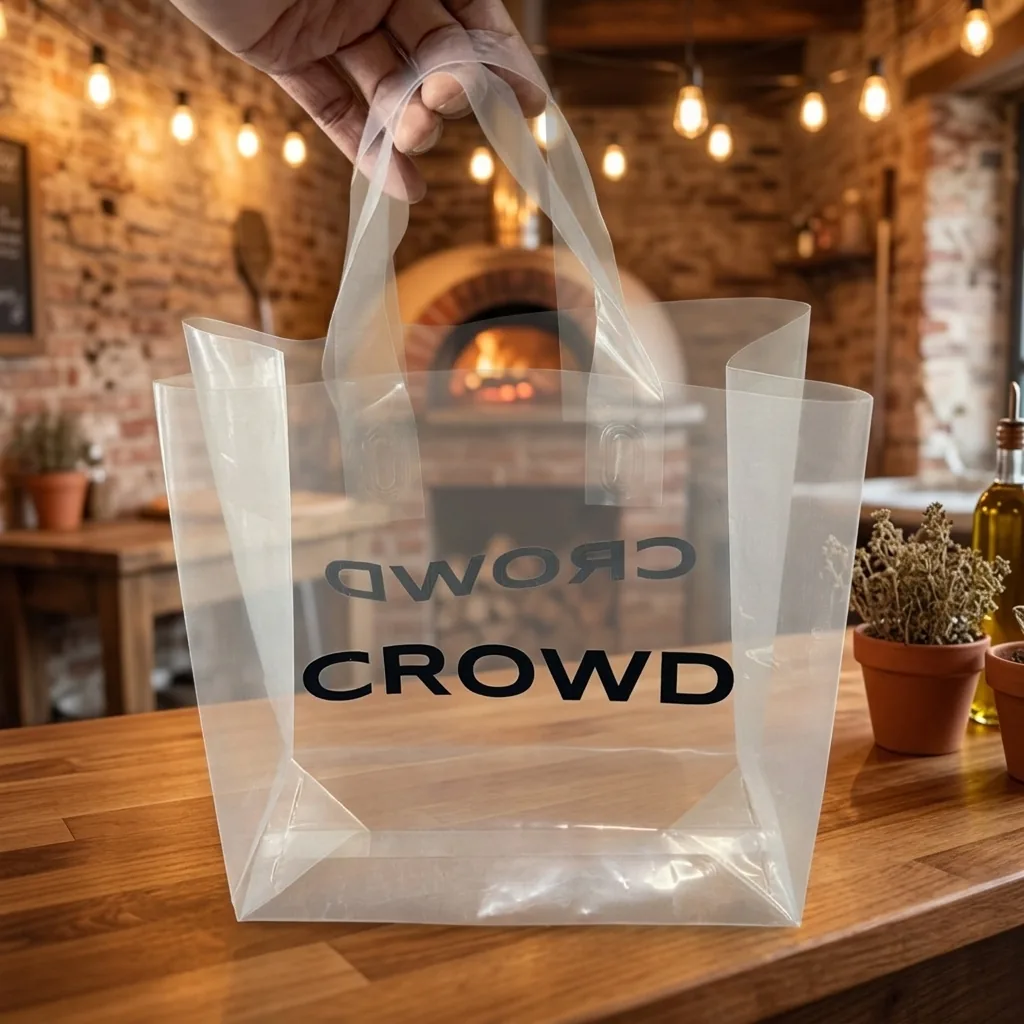 Custom Logo Reusable LDPE HDPE PE Clear Square Bottom Soft Loop Tote Bags Heavy Duty Restaurant Takeaway Food Packaging Custom