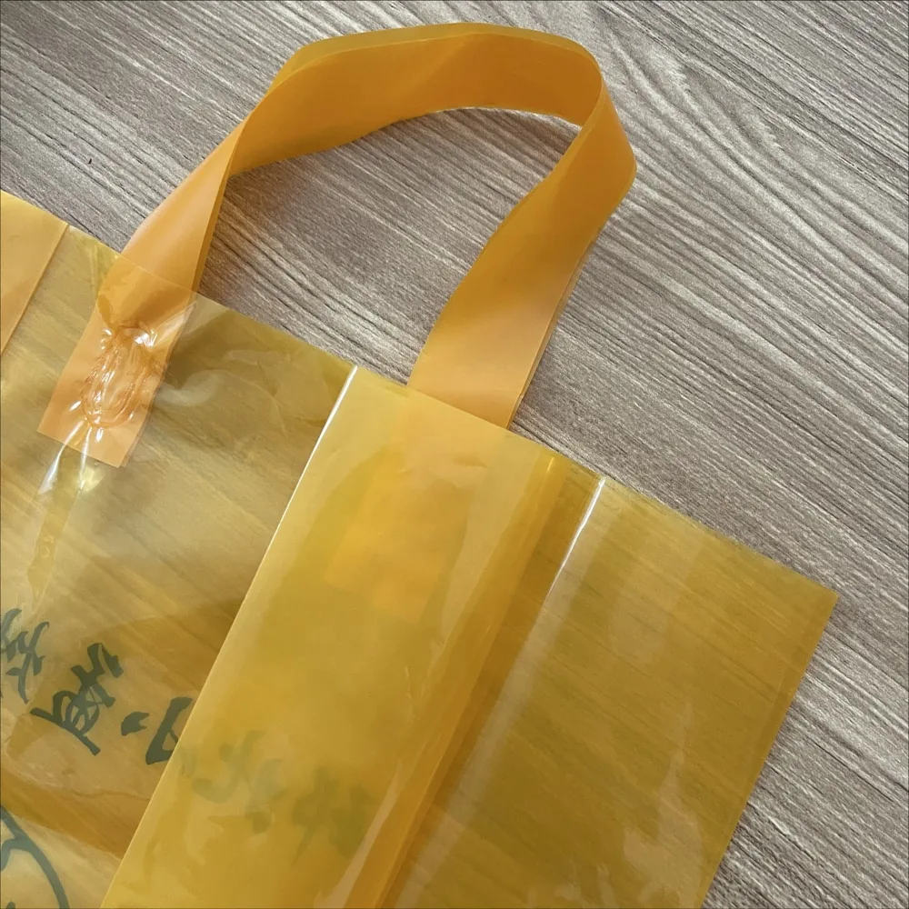 Custom Logo Reusable LDPE HDPE PE Clear Square Bottom Soft Loop Tote Bags Heavy Duty Restaurant Takeaway Food Packaging Custom