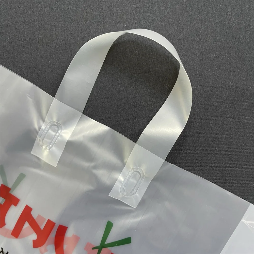 Custom Logo Reusable LDPE HDPE PE Clear Square Bottom Soft Loop Tote Bags Heavy Duty Restaurant Takeaway Food Packaging Custom