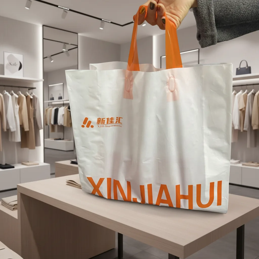 Custom Logo Reusable LDPE HDPE PE Clear Square Bottom Soft Loop Tote Bags Heavy Duty Restaurant Takeaway Food Packaging Custom