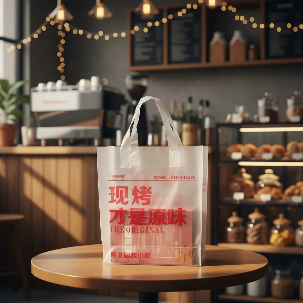 Custom Logo Reusable LDPE HDPE PE Clear Square Bottom Soft Loop Tote Bags Heavy Duty Restaurant Takeaway Food Packaging Custom