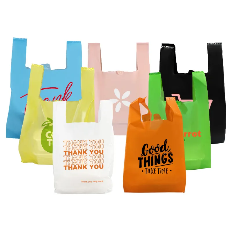 Custom Print Plastic Vest Carrier Bags White Black Green Yellow Thank You HDPE T-shirt Bag Disposable Food Take Out Shopping Bag
