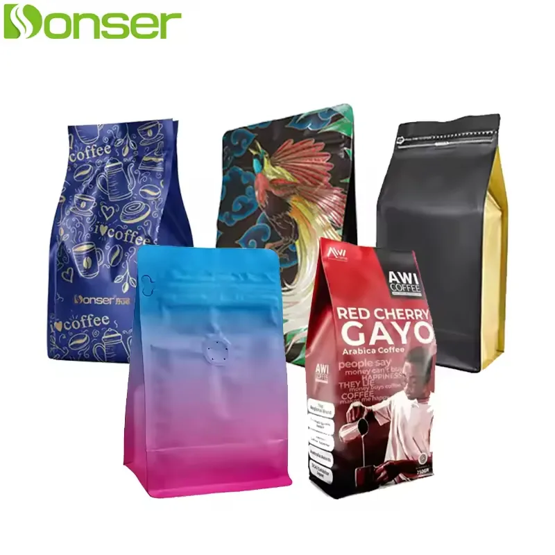 Custom Printed Eco-Friendly PE Plastic Stand-up Bag Flat Bottom Coffee Beans Packaging Bag with Valve and Zipper