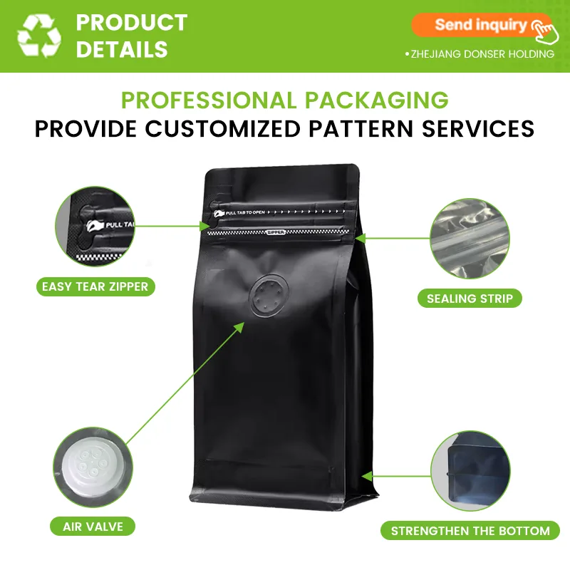 Custom Printed Eco-Friendly PE Plastic Stand-up Bag Flat Bottom Coffee Beans Packaging Bag with Valve and Zipper