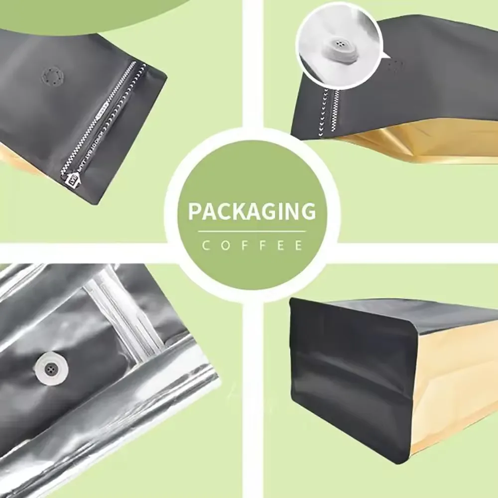 Custom Printed Eco-Friendly PE Plastic Stand-up Bag Flat Bottom Coffee Beans Packaging Bag with Valve and Zipper