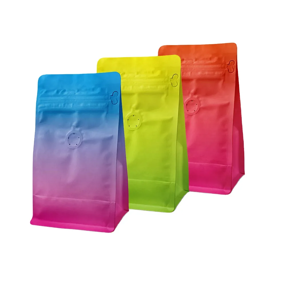 Custom Printed Eco-Friendly PE Plastic Stand-up Bag Flat Bottom Coffee Beans Packaging Bag with Valve and Zipper