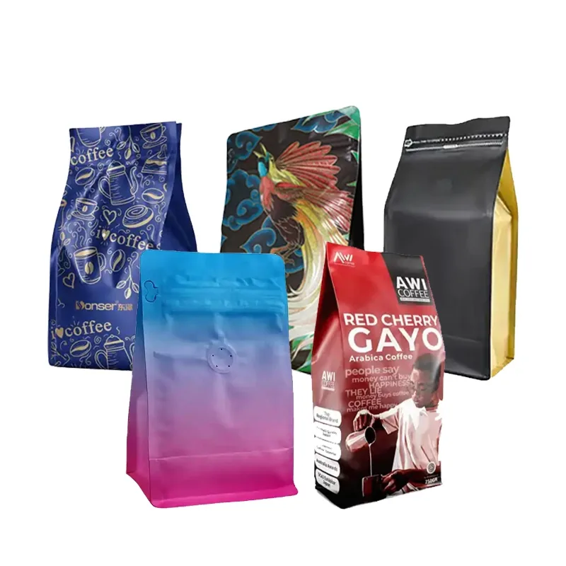 Custom Printed Eco-Friendly PE Plastic Stand-up Bag Flat Bottom Coffee Beans Packaging Bag with Valve and Zipper